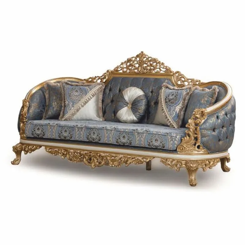 Casa Padrino Divano Barocco di Lusso Blu / Bianco / Oro 240 cm - Mobili da Soggiorno Barocco Neu