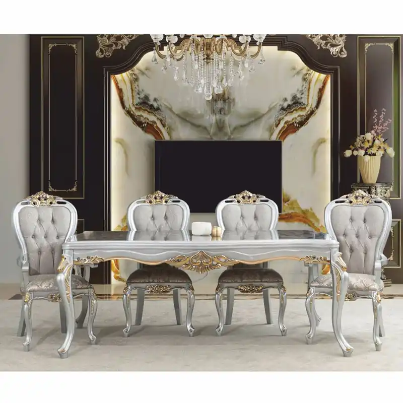 Billig Casa Padrino set da pranzo barocco di lusso grigio / argento / oro - 1 Tavolo da Pranzo e 8 Sedie