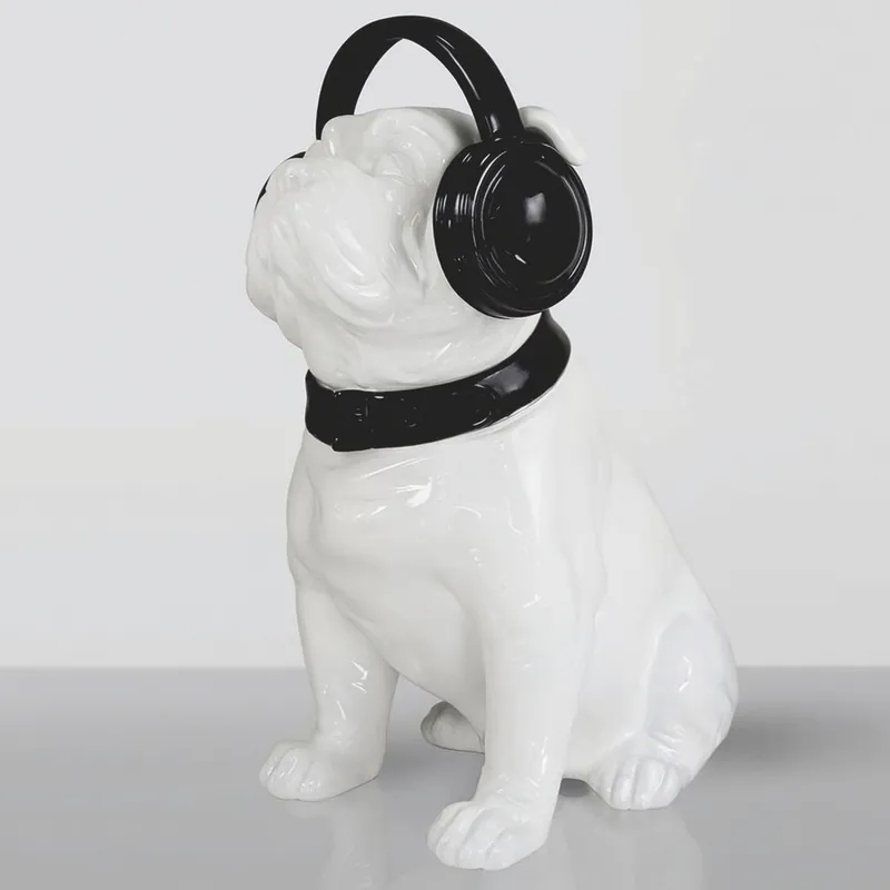 Neuheit Casa Padrino scultura decorativa cane bulldog con cuffie bianco / nero A. 120 cm