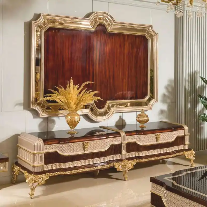 Casa Padrino armadio TV barocco di lusso con pannello posteriore marrone scuro / grigio / oro Neu Im Sortiment