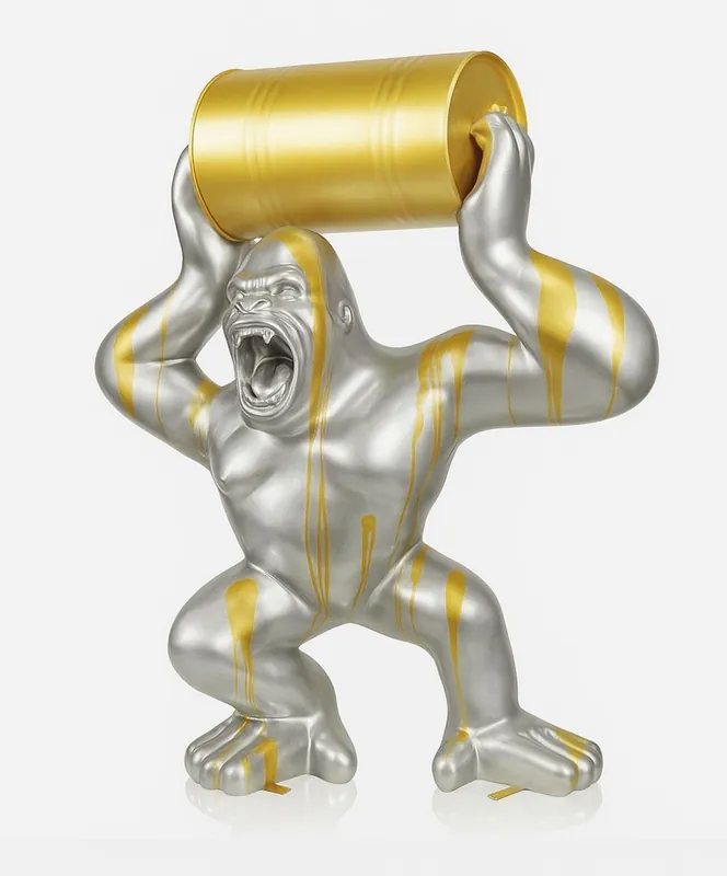 Casa Padrino scultura decorativa XXL gorilla con botte argento / oro A. 240 cm - Figura da giardino Ausverkauf