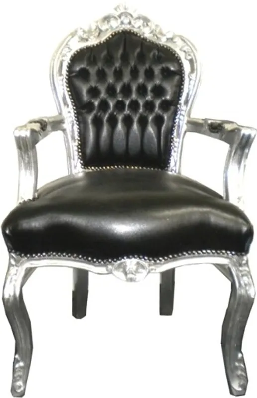 La cena barroco Silla Negro / Plata aspecto de cuero con reposabrazos Markenware