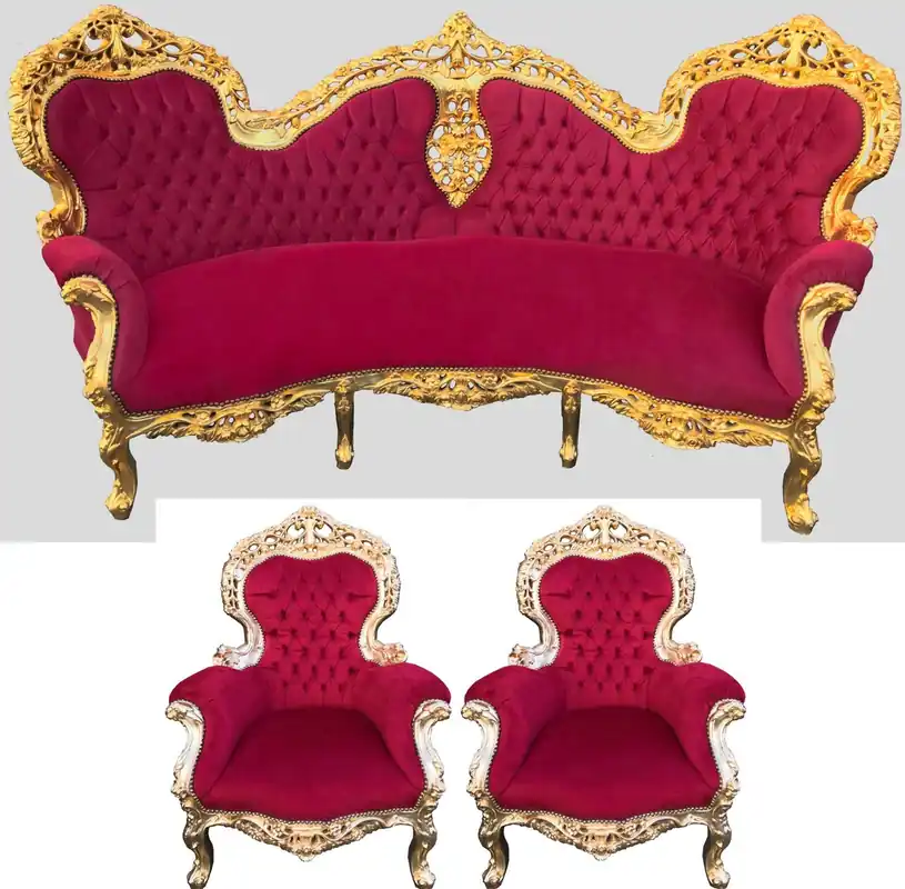 Kracherpreis Conjunto de sofás barrocos patrón burdeos / oro + 2 sillones - salón barroco