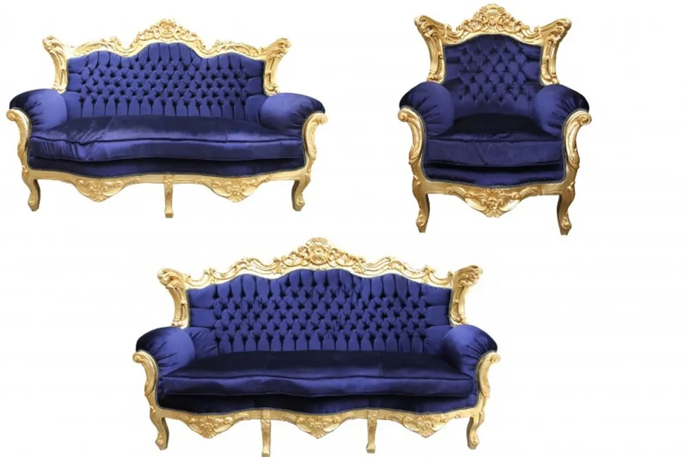 Casa Padrino Baroque Living Room Set Royal Blue / Gold - 3 seater +2 seater sofa + 1 chair Must-Have