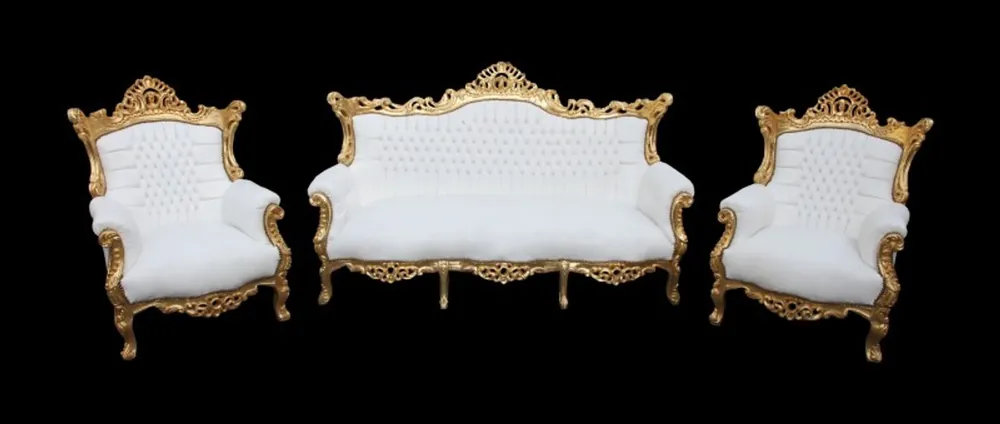 Casa Padrino Baroque Living Set Master White / Gold leather look - 3 seater sofa + 2 armchairs Top-Angebot