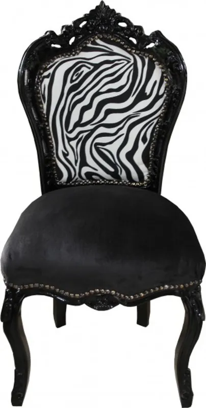 Nur Heute Casa Padrino barroco Silla Cena sin reposabrazos Negro / cebra / Negro - Mueble antiguo cebra