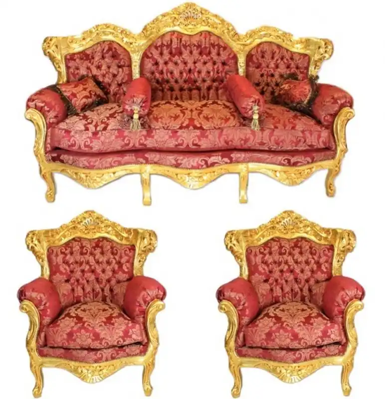 Casa Padrino Baroque Living Set Bordeaux Bouquet pattern / Gold - 3er sofa + 2 armchairs Beliebt