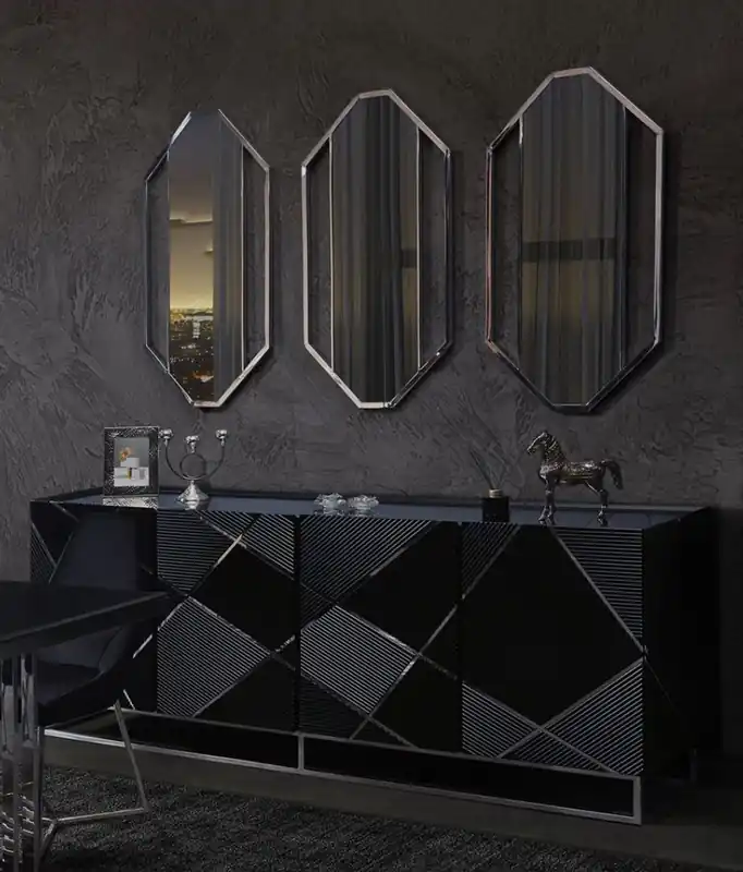 Casa Padrino set di mobili di lusso credenza e 3 specchi nero / argento - Armadio in legno massello e 3 eleganti specchi a parete - Mobili di lusso - Qualità di Lusso Neue Ware