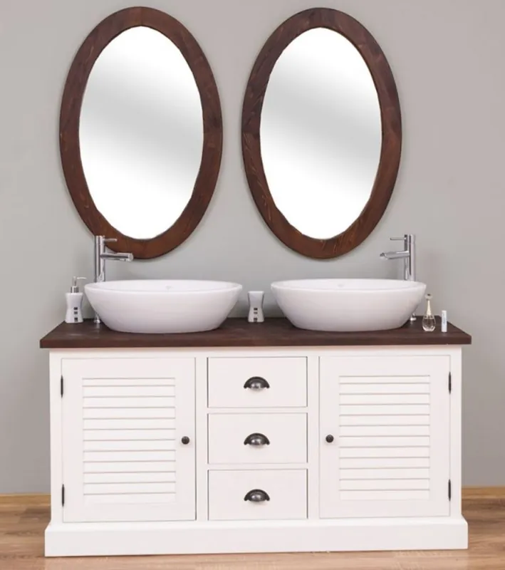 Casa Padrino set da bagno stile country bianco / marrone scuro - 1 Mobile Lavello Doppio e 2 Specchi a Parete - Mobili da Bagno in Legno Massello Stile Country Mega-Angebot