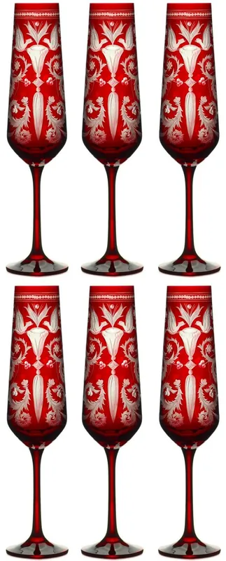 Casa Padrino set di 6 bicchieri da champagne di lusso rosso / argento Ø 6,5 x A. 26,5 cm - Bicchieri da champagne fatti a mano e incisi a mano - Accessori per Hotel e Ristoranti - Qualità di Lusso Bestpreis