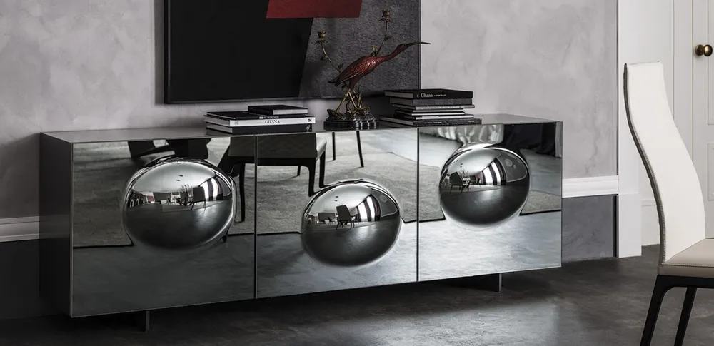 Echt Casa Padrino credenza di design di lusso grafite opaco 200 x 50 x A. 73 cm - Armadio moderno in legno massello con 3 ante a specchio - Mobili di Lusso