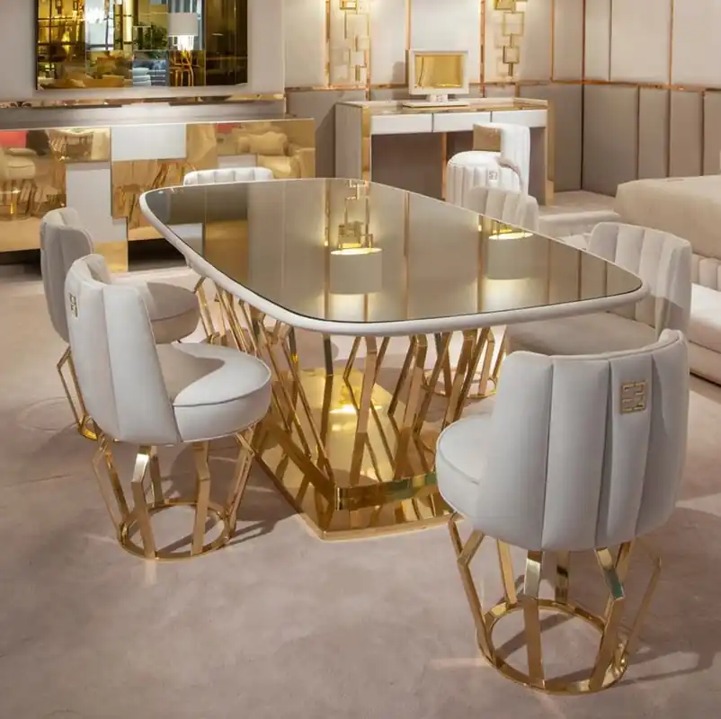 Top-Angebot Casa Padrino set da pranzo di design di lusso avorio / oro - 1 Tavolo da Pranzo e 6 Sedie da Pranzo - Mobili per sala da pranzo di design di lusso - Mobili per Hotel - Qualità di Lusso - Fatto in Italia