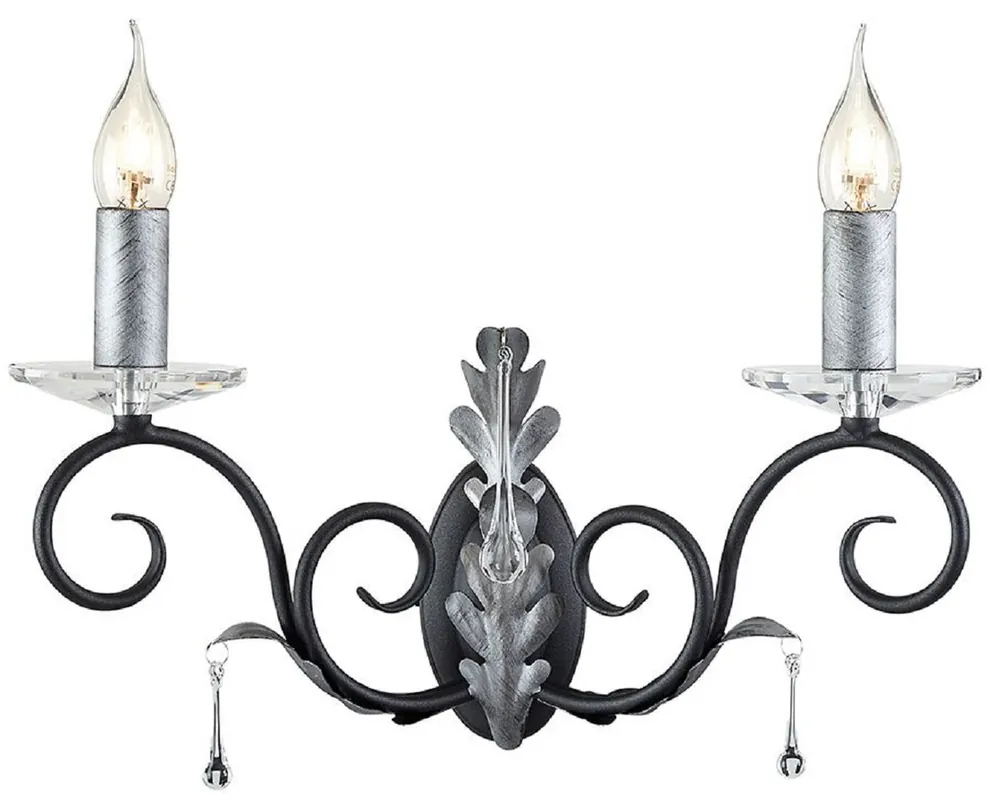 Preisknaller Casa Padrino lampada da parete doppia barocco nero / argento 37 x 19 x A. 38 cm - Elegante lampada da parete con foglie di quercia fatto a mano e gocce di vetro decorative - Lampade da parete barocco