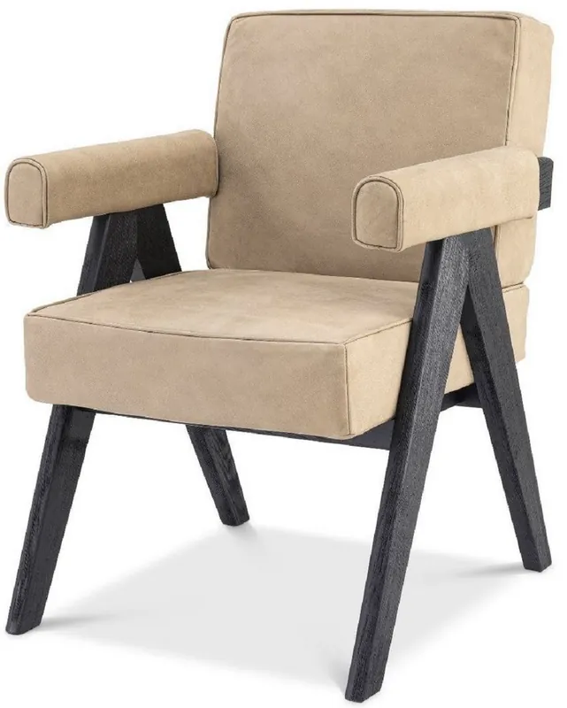 Günstig Casa Padrino sedia da pranzo di lusso in vera pelle con braccioli beige / nero 64 x 70 x A. 87,5 cm - Sedia da cucina con pregiata pelle di bufalo nabuk - Mobili per sala da pranzo di lusso
