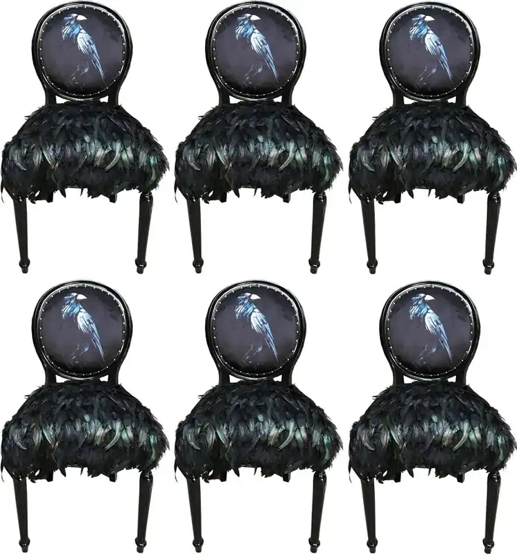 Casa Padrino set di sedie da pranzo barocco di lusso corvo nero 50 x 60 x A. 104 cm - Sedie da cucina fatte a mano con piume artificiali - Mobili da sala da pranzo barocco Finale Aktion