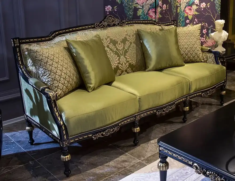 Casa Padrino divano da soggiorno barocco di lusso verde / nero / oro 209 x 74 x A. 106 cm - Divano nobile in legno massello con cuscini decorativi - Mobili soggiorno in stile barocco Knallerangebot
