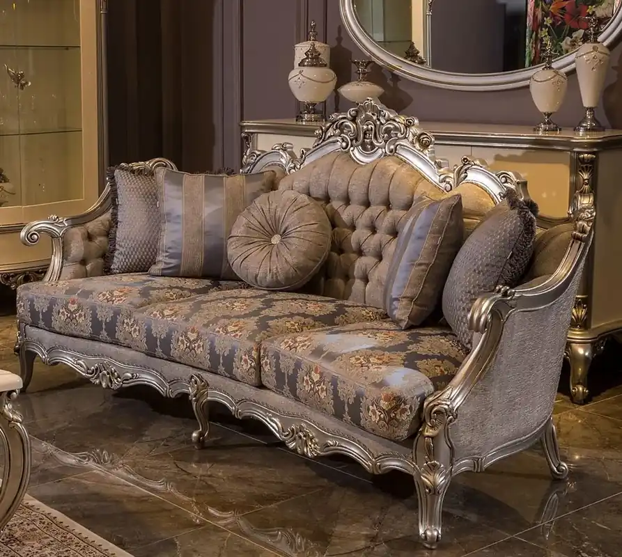 Casa Padrino divano barocco di lusso grigio / blu / argento 227 x 93 x A. 117 cm - Magnifico divano da soggiorno con motivo floreale e cuscini decorativi - Mobili da soggiorno barocco Preisknaller