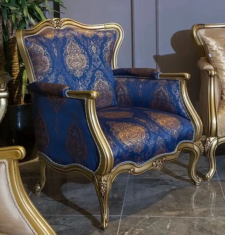 Neu Im Sortiment Casa Padrino poltrona barocco di lusso blu / oro 90 x 74 x A. 106 cm - Poltrona da soggiorno con motivo elegante - Mobili da soggiorno barocco