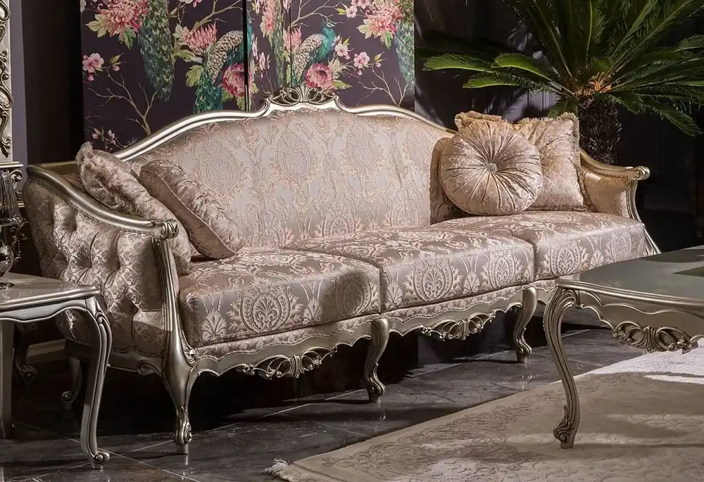 Casa Padrino divano da soggiorno barocco di lusso rosa / argento 245 x 83 x A. 104 cm - Divano in legno massello con motivo elegante e cuscini decorativi - Mobili soggiorno in stile barocco Echt