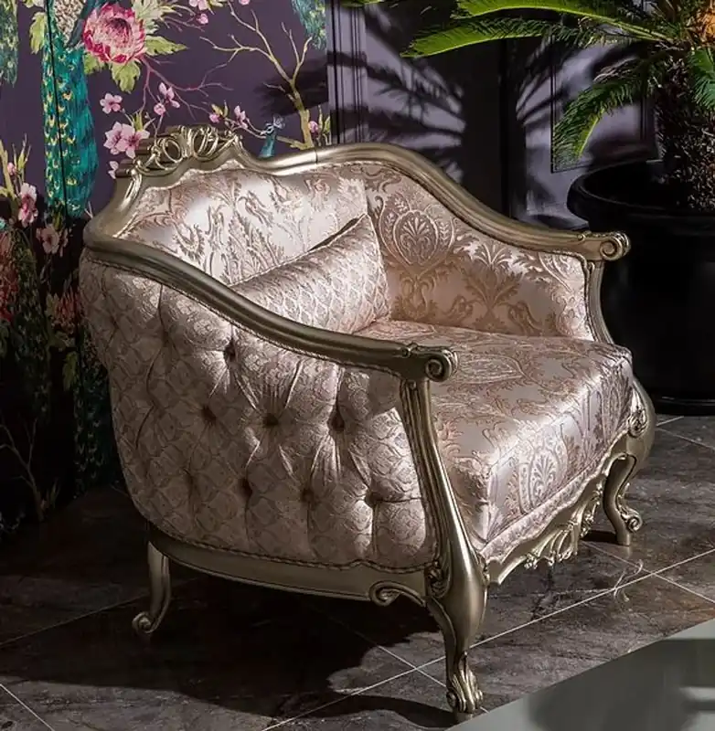 Casa Padrino poltrona barocco di lusso rosa / argento 100 x 76 x A. 89 cm - Poltrona soggiorno con motivo elegante e cuscino decorativo - Mobili Barocchi Direkt Vom Hersteller