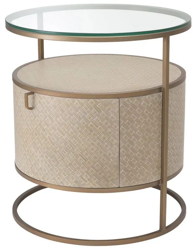 Finale Aktion Casa Padrino comodino di lusso beige / ottone Ø 50 x H. 56 cm - Tavolino Rotondo con Cassetto e Piano in Vetro - Mobili Camera da Letto di Lusso