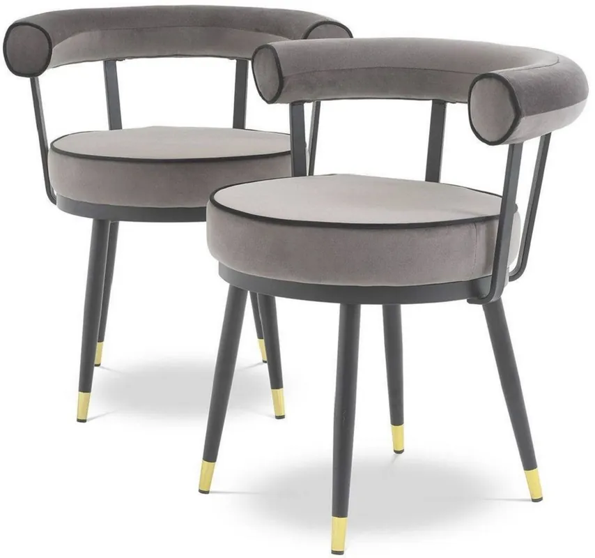 Casa Padrino set di sedia da pranzo di lusso grigio / nero / ottone 66 x 59 x A. 70 cm - Sedie da pranzo con pregiato velluto - Mobili per sala da pranzo Echt