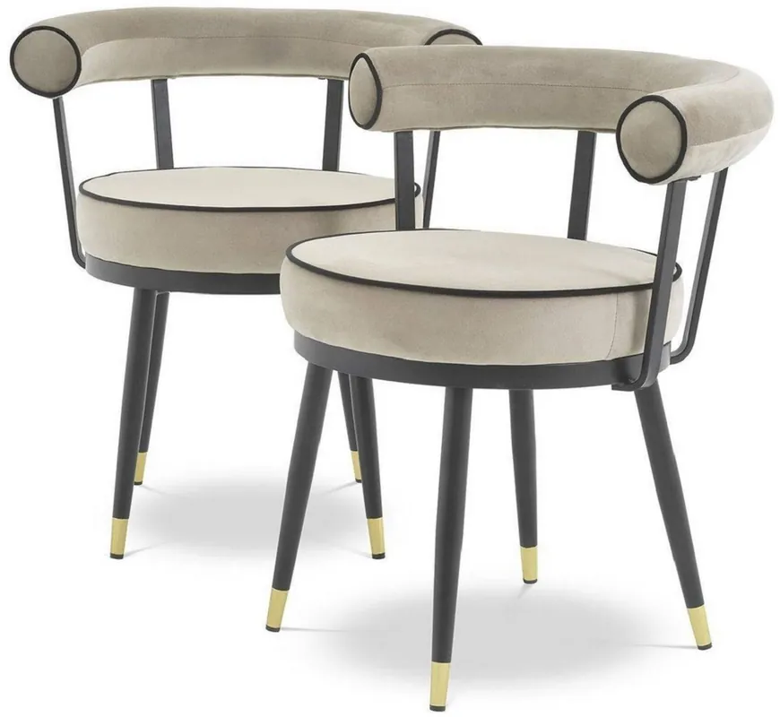 Abverkauf Casa Padrino set di sedia da pranzo di lusso greige / nero / ottone 66 x 59 x A. 70 cm - Sedie da pranzo con pregiato velluto - Mobili per sala da pranzo