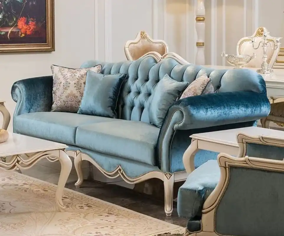 Billig Casa Padrino divano barocco di lusso blu / bianco 225 x 87 x A. 101 cm - Divano soggiorno con cuscini decorativi - Mobili soggiorno in stile barocco