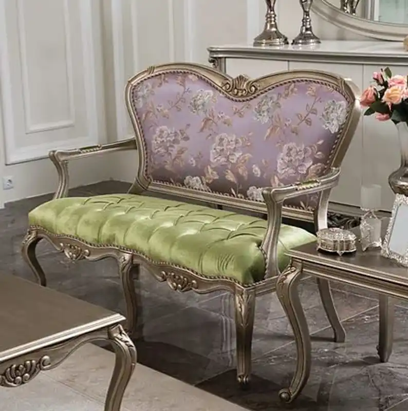 Billig Casa Padrino panca barocco di lusso viola / verde / argento 125 x 60 x A. 103 cm - Panca da soggiorno con motivo floreale - Mobili da soggiorno barocco - Nobile e Magnifico
