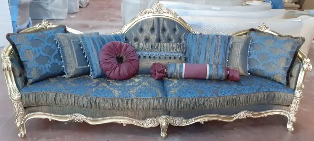 Casa Padrino divano barocco di lusso blu / oro 300 x 90 x A. 119 cm - Divano da soggiorno magnifico con motivo elegante - Mobili Barocchi Letzte Chance