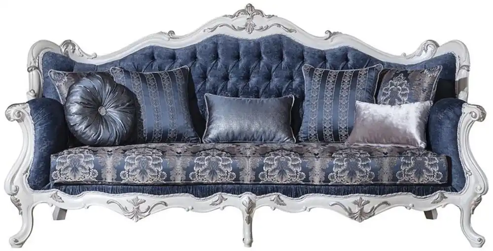 Neu Casa Padrino divano da soggiorno barocco di lusso con motivo e cuscini decorativi blu / bianco / argento 240 x 90 x A. 120 cm - Magnifici mobili barocchi