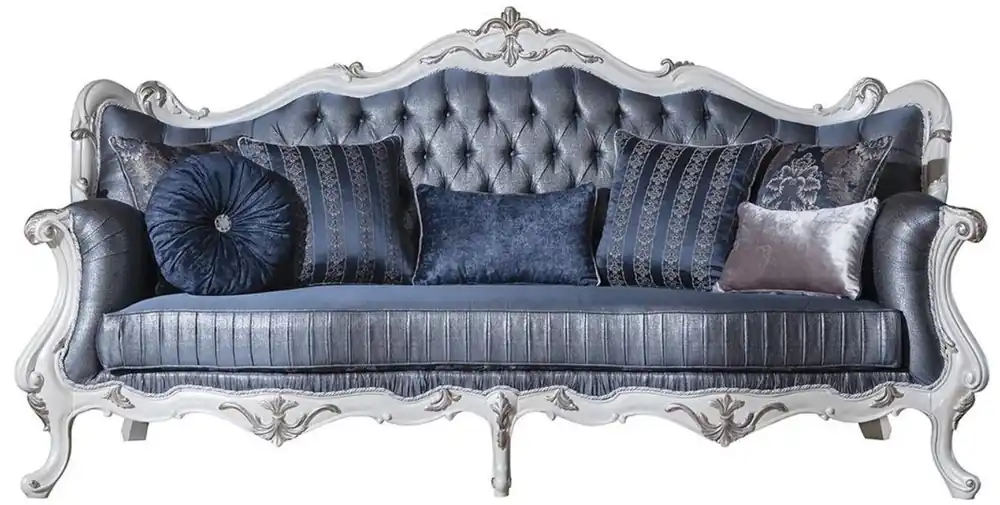 Nur Für Kurze Zeit Casa Padrino divano da soggiorno barocco di lusso con cuscini decorativi blu / bianco / argento 240 x 90 x A. 120 cm - Magnifici mobili barocchi