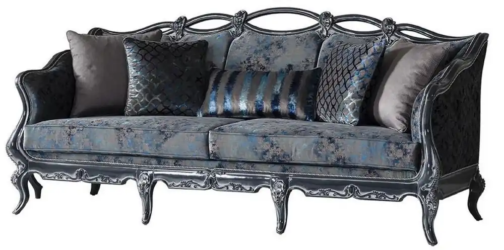 Saisonangebot Casa Padrino divano barocco di lusso grigio / blu / grigio 224 x 103 x A. 110 cm - Divano da soggiorno nobile con motivo elegante e cuscini decorativi - Mobili da soggiorno in stile barocco