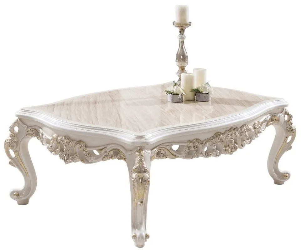 Sonderangebot Casa Padrino tavolo soggiorno barocco di lusso marrone / bianco / oro 125 x 87 x A. 48 cm - Tavolo da salotto rettangolare in legno massello in stile barocco - Mobili da soggiorno nobile barocco