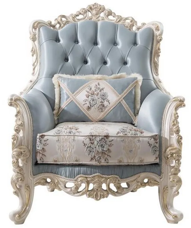 Schnäppchen Casa Padrino poltrona da soggiorno barocco di lusso con cuscino decorativo azzurro / crema / bianco / oro 97 x 90 x A. 120 cm - Nobile mobile da soggiorno barocco