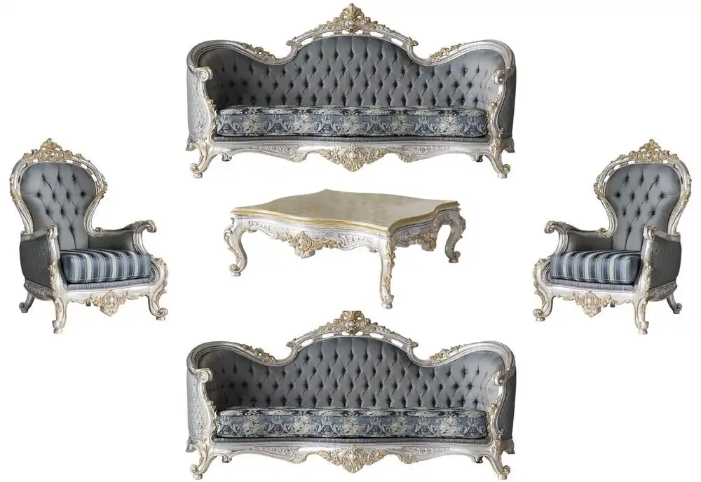 Casa Padrino set da soggiorno barocco di lusso grigio / blu / argento / oro - 2 Divani e 2 Poltrone e 1 Tavolo da Salotto - Magnifico mobili da soggiorno in stile barocco Schneller Versand