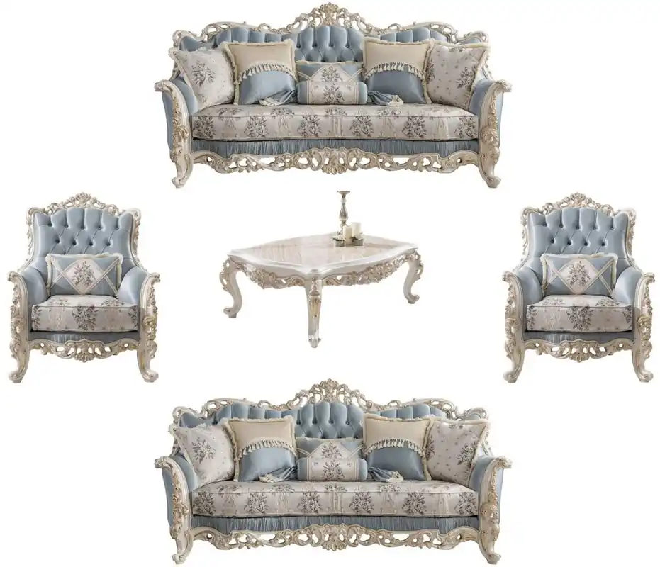 Markenprodukt Casa Padrino set da soggiorno barocco di lusso azzurro / crema / bianco / oro - 2 Divani e 2 Poltrone e 1 Tavolo da Salotto - Mobili da soggiorno in stile barocco nobile
