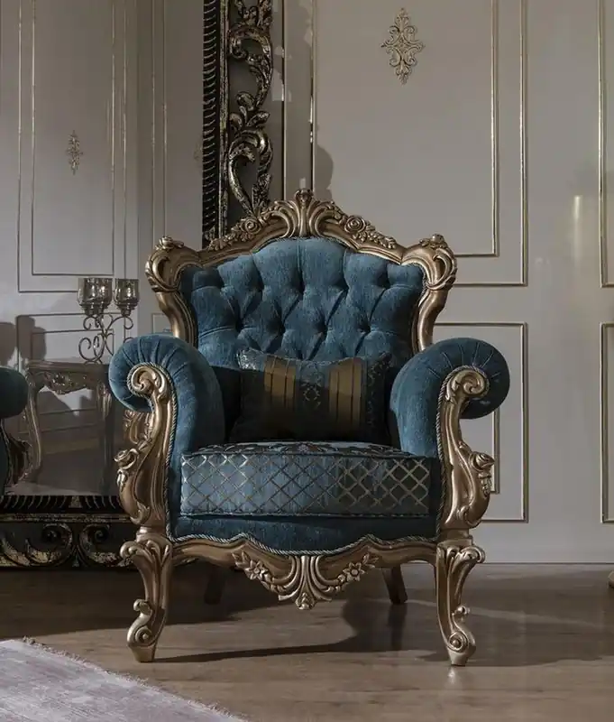 Sonderangebot Casa Padrino poltrona barocco di lusso blu / oro 97 x 90 x A. 115 cm - Poltrona da soggiorno con motivo elegante e cuscino decorativo - Mobili da soggiorno barocco
