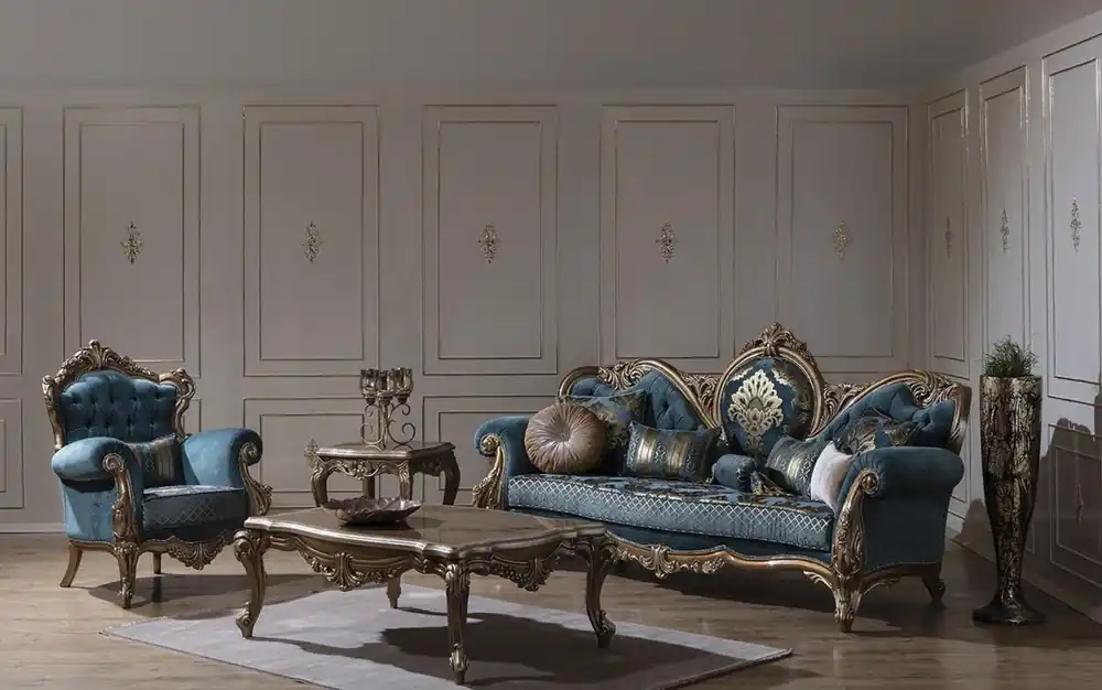 Casa Padrino set da soggiorno barocco di lusso blu / oro - 2 Divani e 2 Poltrone e 1 Tavolo da Salotto - Magnifico mobili da soggiorno in stile barocco Bestseller