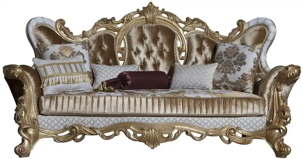 Neuheit Casa Padrino divano barocco di lusso oro / bianco / oro 248 x 108 x A. 122 cm - Divano da soggiorno con motivo elegante e cuscini decorativi - Magnifici mobili barocchi