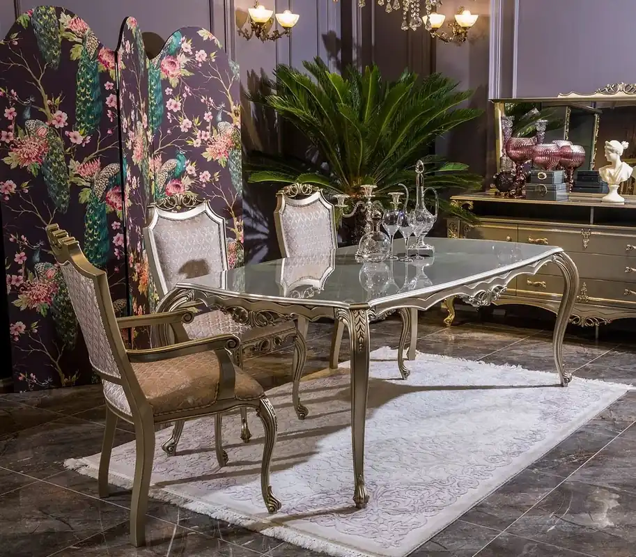 Mega-Angebot Casa Padrino set da sala da pranzo barocco di lusso rosa / argento - 1 Tavolo da Pranzo e 6 Sedie da Pranzo - Mobili per sala da pranzo in stile barocco - Nobile e Magnifico