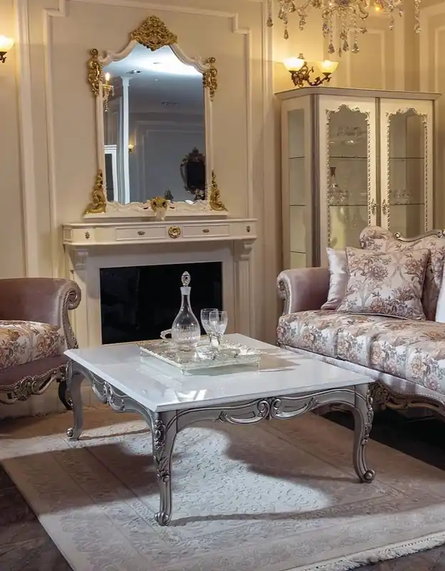 Casa Padrino tavolo soggiorno barocco di lusso bianco / argento 129 x 93 x A. 44 cm - Tavolo da salotto rettangolare in legno massello in stile barocco - Mobile da soggiorno barocco Nur Für Kurze Zeit