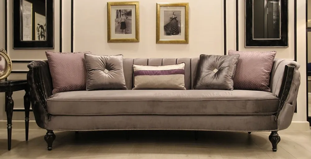 Casa Padrino divano barocco di lusso grigio / nero / argento 265 x 90 x A. 85 cm - Divano del soggiorno con tessuto in velluto pregiato - Mobili Barocchi Top-Preis