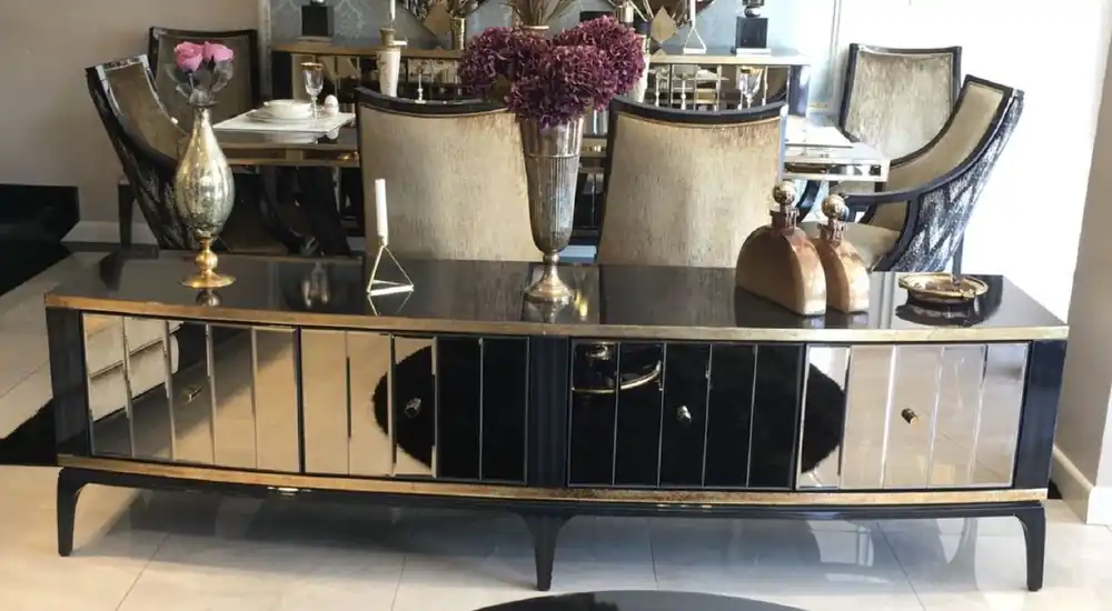 Casa Padrino armadio TV barocco di lusso nero / oro 230 x 55 x A. 65 cm - Mobile TV in legno massello con specchio - Mobile da soggiorno barocco Preiswert