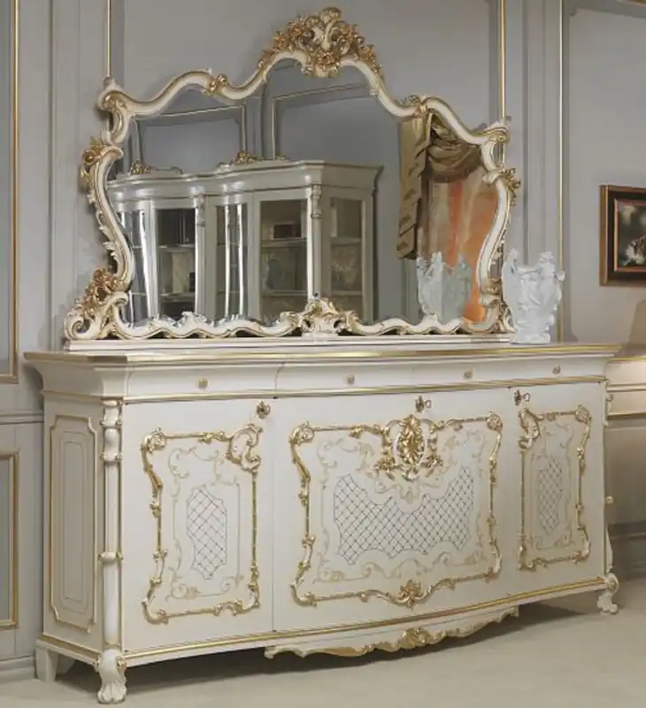 Casa Padrino set di mobili barocchi di lusso credenza con specchio bianco / oro - Nobile mobile in legno massello con elegante specchiera a muro - Mobilia Castello Hotel Ristorante - Qualità di Lusso Finale Aktion
