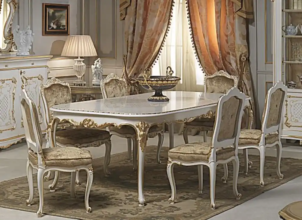 Casa Padrino set da sala da pranzo barocco di lusso bianco / oro - 1 Tavolo da Pranzo e 6 Sedie da Pranzo - Mobili per sala da pranzo barocco - Mobilia Castello Hotel Ristorante - Qualità di Lusso Must-Have