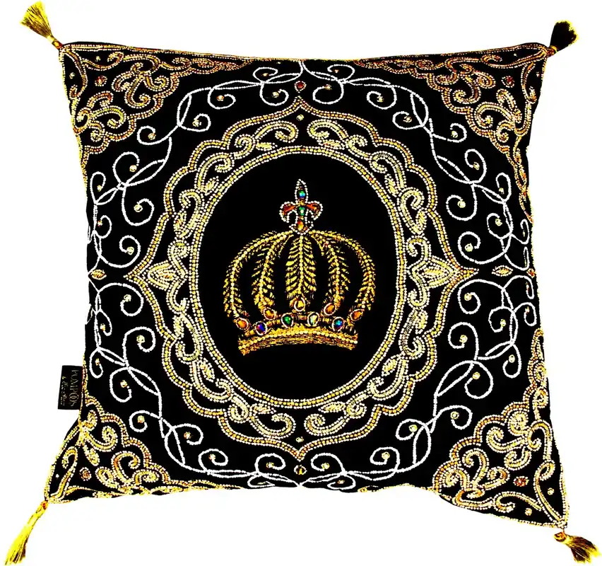 Harald Glööckler cuscino decorativo barocco di lusso Pompöös di Casa Padrino corona nera / oro riccamente decorata con paillettes e strass Top-Preis