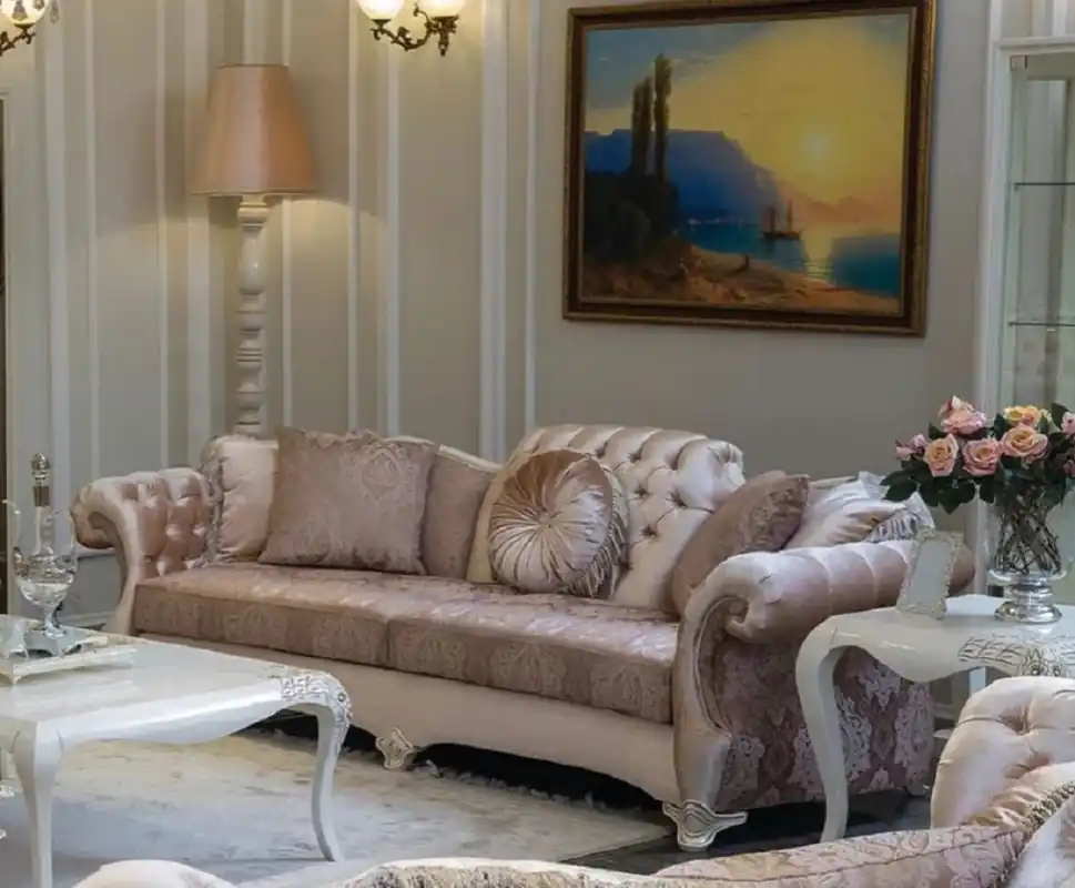 Casa Padrino divano da soggiorno barocco di lusso rosa / viola / bianco / beige 265 x 97 x A. 84 cm - Divano in legno massello con motivo elegante e cuscini decorativi - Mobili soggiorno in stile barocco Neu