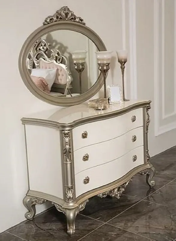 Versand Am Gleichen Tag Casa Padrino cassettone camera da letto barocco di lusso con elegante specchio da parete bianco / argento - Armadio in legno massello con specchio - Mobili camera da letto barocco - Nobile e Magnifico