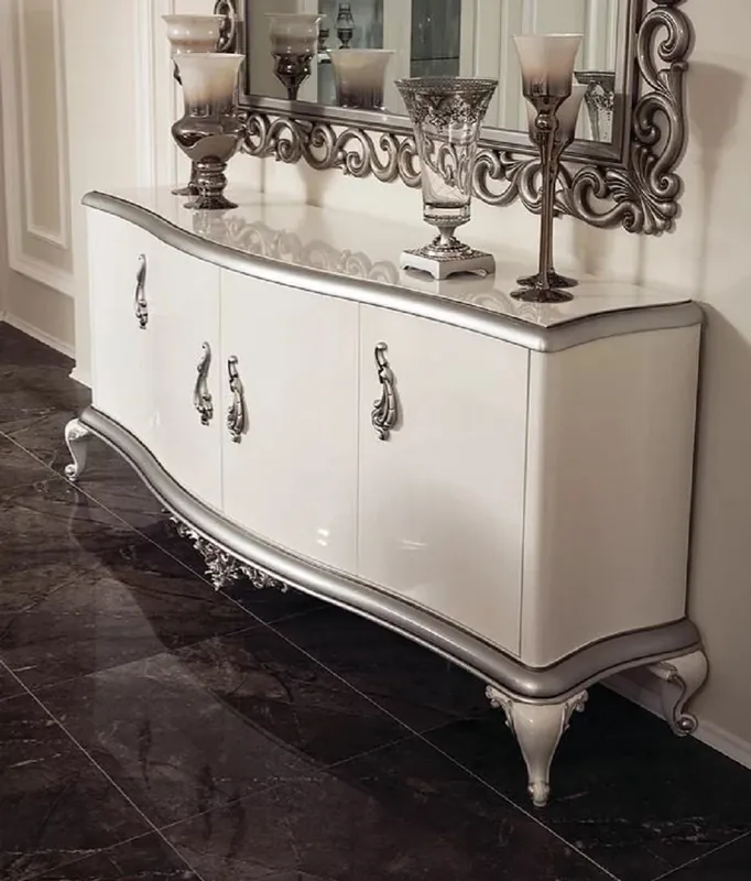 Casa Padrino credenza barocco di lusso bianco / argento 207 x 54 x A. 90 cm - Armadio nobile in legno massello con 4 ante - Mobili in stile barocco Finale Aktion